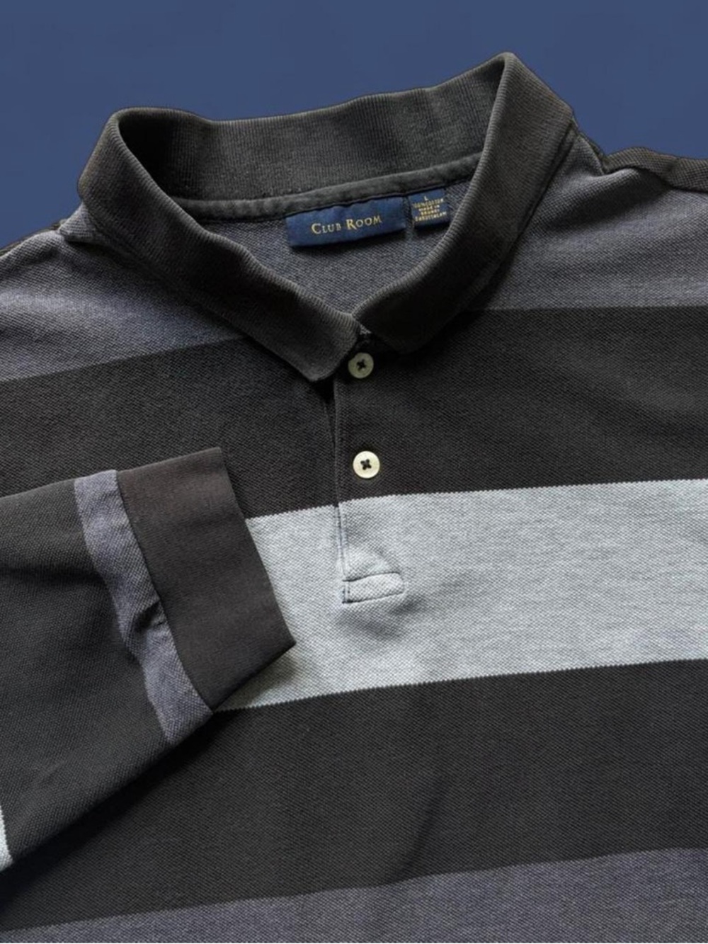 Club Room Long Sleeve Polo Shirt Size L Black Grey Striped Dark Academia Preppy